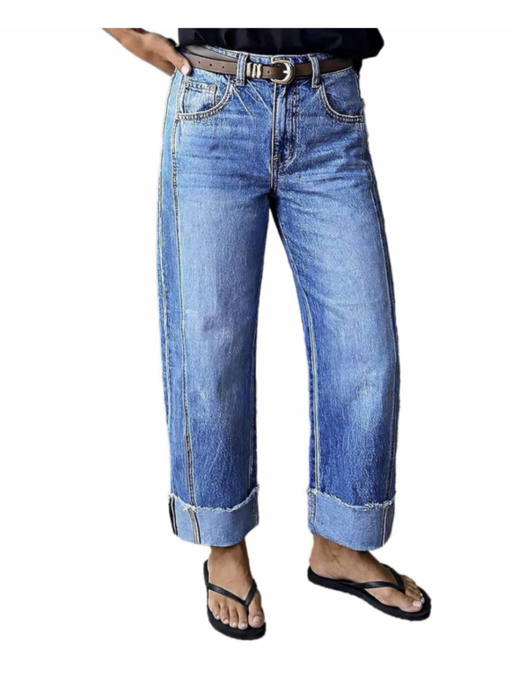 Flamingals Mid Rise Straight Leg Jeans for Women Wash Seam Blue 2XL